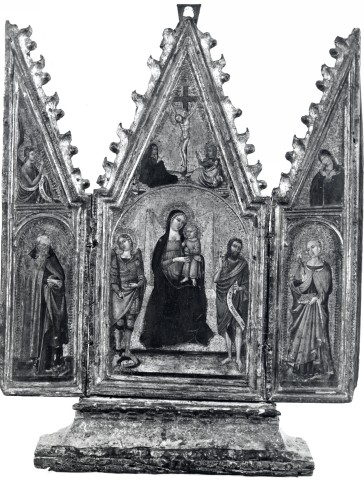 Anonimo — Anonimo senese - sec. XIV - Madonna con Bambino in trono, san Michele Arcangelo e san Giovanni Battista; Santi; Crocifissione di Cristo — insieme